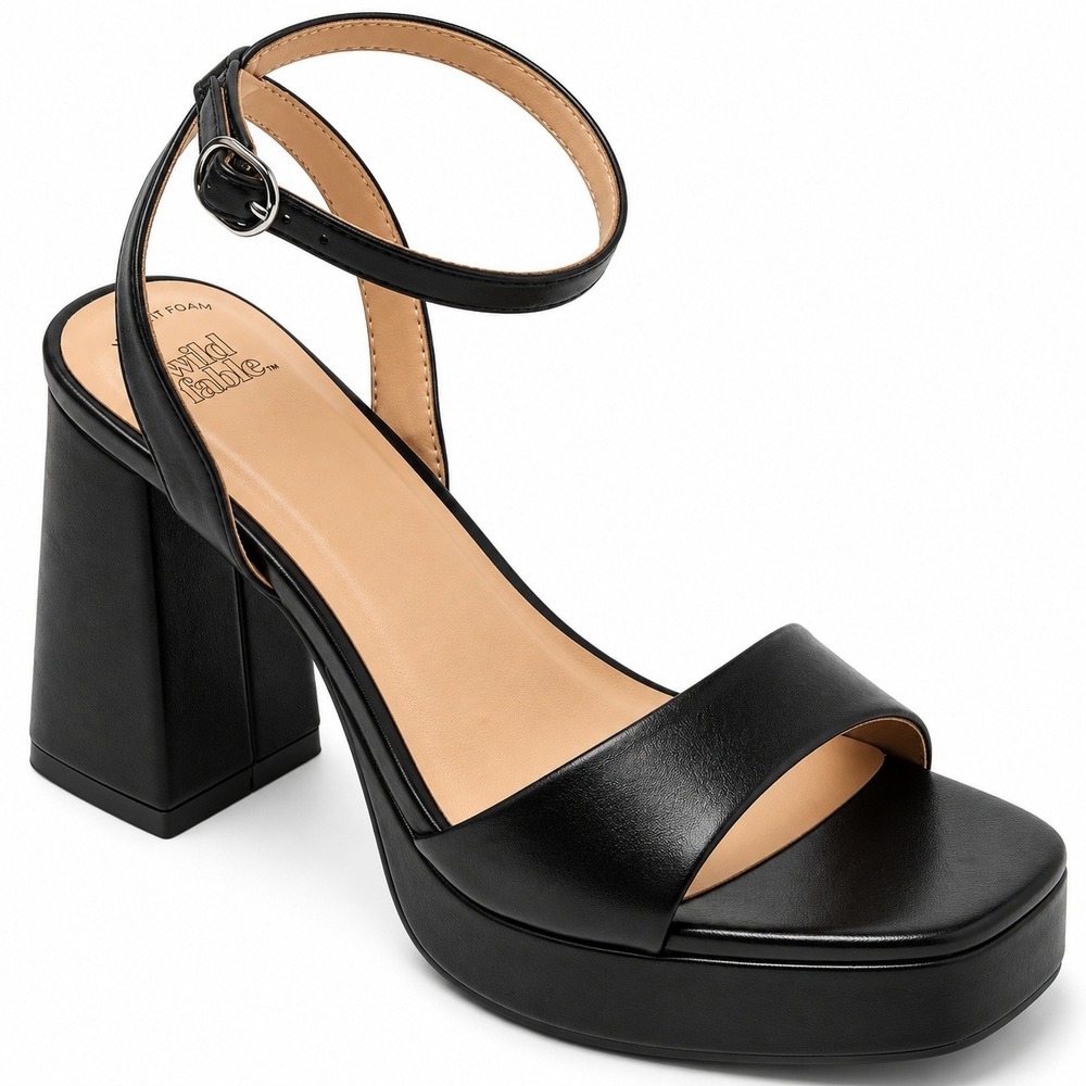 Wild Fable Miley Black Faux Leather Flared Block Heel Platform Sandals Womens 7